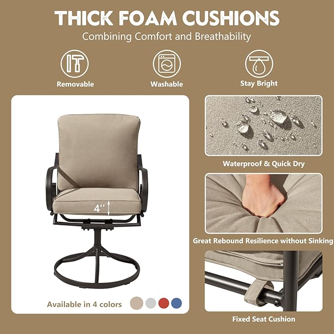 MELLCOM Patio Swivel Chair Set of 4, Heavy Duty Outdoor Dining Chairs with Thickened Cushions, Metal Patio Chairs Gentle Rocker for Outside, Garden Lawn & Porch, Backyard, Khaki