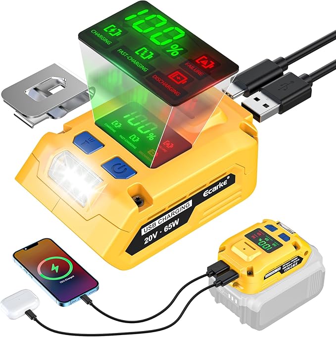 Battery Charger Compatible with DeWALT 20V Battery: Ecarke Power Satation with USB Wall Charging Adapter - Power Inverter 65W Portable Charger Adapter