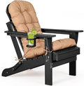 nalone Folding Adirondack Chair with Cushion with Cup Holder, HDPE Plastic Oversized Patio Chair Weather Resistant, Used in Outdoor, Fire Pit, Deck, Garden, Campfire Chairs (Black)