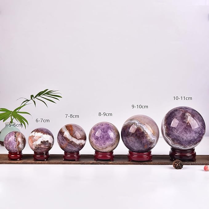 JIC Gem Natural Amethyst Agate Crystal Sphere Ball Purple Crystal Decorative Ball with Wooden Stand Meditation Balls for Witchcraft Reiki Healing Gift 50-60mm