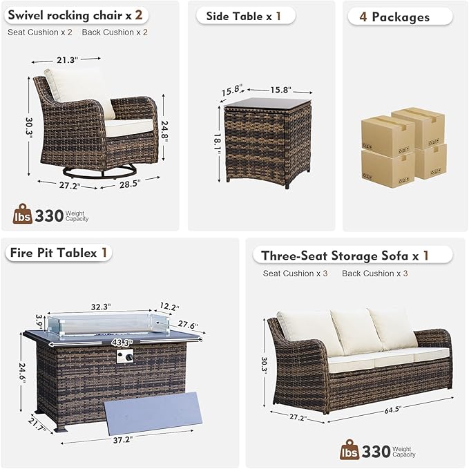 MEISSALIVVE 5 Pieces Patio Furniture Set with 43" Fire Pit Table, Wicker Patio Conversation Set with Swivel Rocking Chairs, Outdoor Patio Set for Lawn Backyard Porch (Brown)