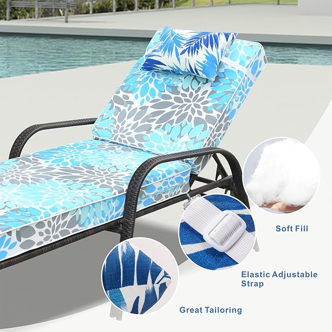 JMGBird Outdoor Pillow for Chaise Lounge Chair Set of 4 Waterproof Headrest Pillow Lumbar Pillows with Insert & Adjustable Elastic Strap for Beach Poolside Patio Office, 10x16 Inch
