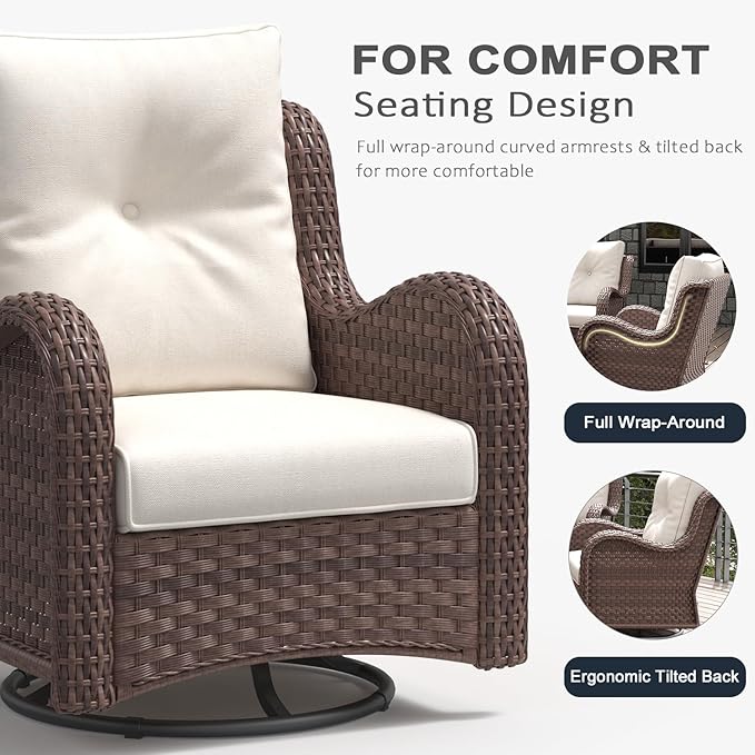 LayinSun 6 Pieces Outdoor Patio Furniture Set, Rattan Wicker Sectional Swivel Rocker Chairs Sets with Ottomans, Swivel Glider Chairs, and Coffee Table