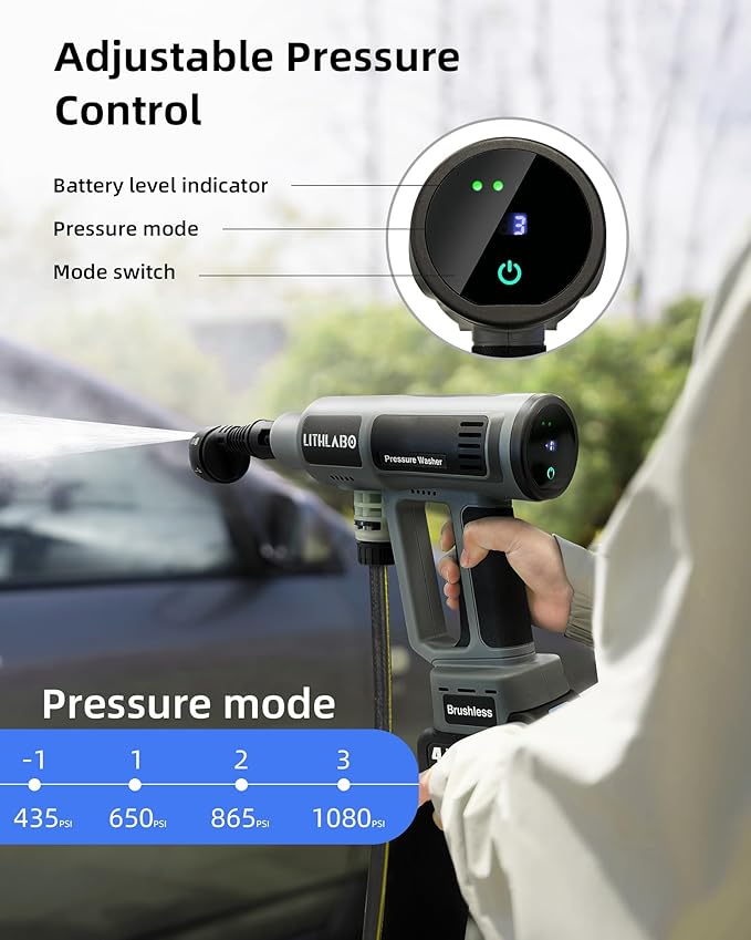 Cordless Pressure Washer 1080PSI Portable High-Pressure for Car Wash Outdoor Cleaning, 6-in-1 Adjustable Nozzle,Battery & Adaptor Included (2X 4Ah)