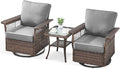 Outdoor Swivel Glider Chairs - 3 Pieces Hollow Widen Armrests Wicker Patio Furniture Set with Side Table, High Back Outside Swivel Rocker for Balcony Porch Deck and Yard - Brown/Gray