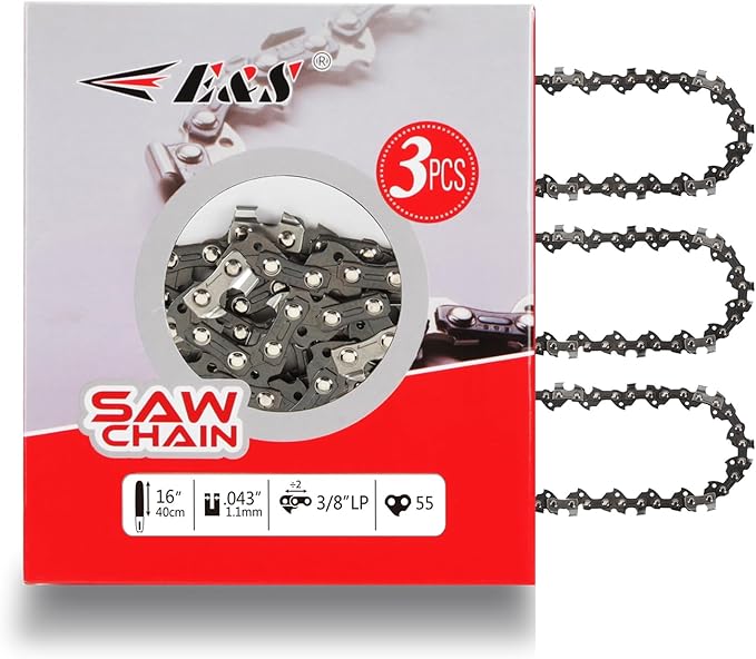 E & S 3 Pack 16 Inch Chainsaw Chain 3/8" LP Pitch .043" Gauge 55 Drive Links Semi-Chisel Chain Saw Chains for Husqvarna, Poulan, Craftsman, Greenworks and More Chainsaw Brands