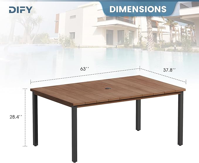 DIFY 63" Outdoor Patio Dining Table for 6, Metal Rectangular Steel Slat Patio Table with 1.57" Adjustable Umbrella Hole, Weather-Resistant for Garden Backyard Poolside Deck, Walnut