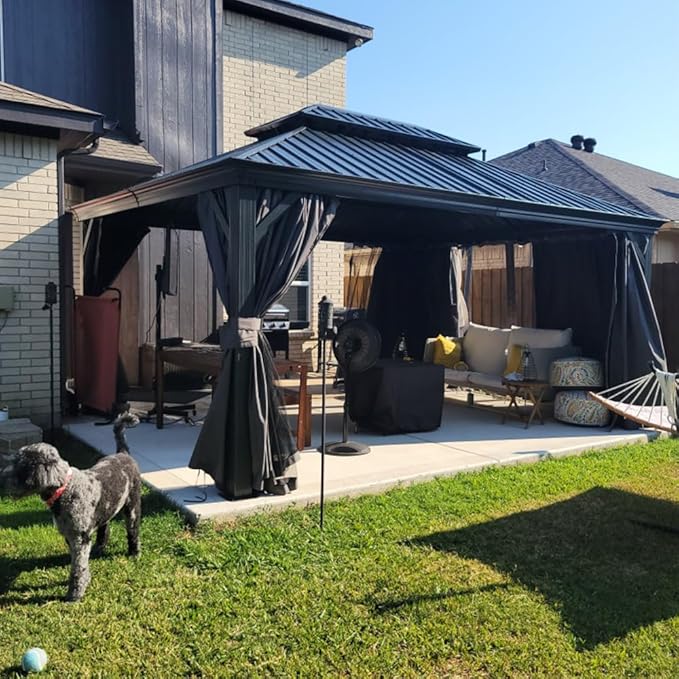 Domi 12' X 16' Hardtop Gazebo Outdoor Metal Gazebo with Galvanized Steel Double Roof Canopy, Aluminum Frame, Curtains and Netting for Patio, Deck, Garden, Grey