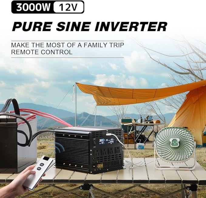 3000 Watt Pure Sine Wave Power Inverter with LCD 12V DC to 110V/120V AC Peak Power 6000W Car Power Inverter with 4 AC Outlets & 1 USB Port & Remote Control for Truck RV Car Solar System