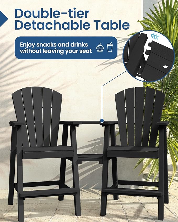 Ciokea Tall Adirondack Chairs Set of 2, HDPE Outdoor Adirondack Bar Stools with Double Connecting Tray, Weather Resistant High Back Adirondack Balcony Chairs for Deck, Lawn, Pool, Backyard, Black