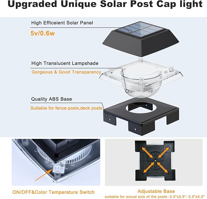 INDARUN Solar Post Cap Lights, Solar Fence Deck Post Lights Outdoor Fit 4x4 5x5 6x6 Wood Posts, Vinyl 4x4 Post Caps, 120 Lumen, Cool White & Warm White, Landscape Lighting for Patio, Porch, Yard
