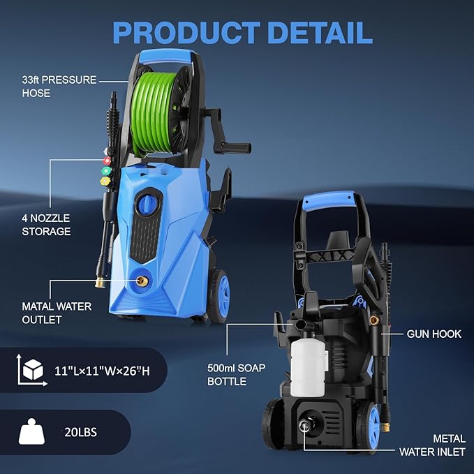 5000PSI Pressure Cleaner, 2025 New Power Cleaner with 33FT Flexible Extension Pressure Cleaner Hose Reel, 4 Nozzles, Professional Power Cleaners for Home/Car(Blue)