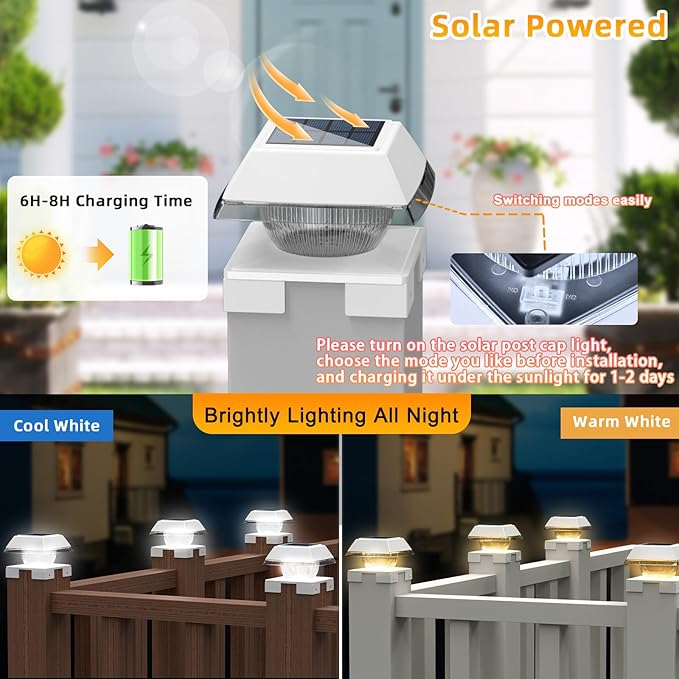 INDARUN Solar Post Lights Outdoor Waterproof, 2 Colors Modes, 120 Lumen, Solar Fence Deck Post Lights for 4x4 Post Caps - 4x4 5x5 6x6 Wood Posts/4x4 Vinyl Posts, for Front Porch, Paito, Backyard Decor