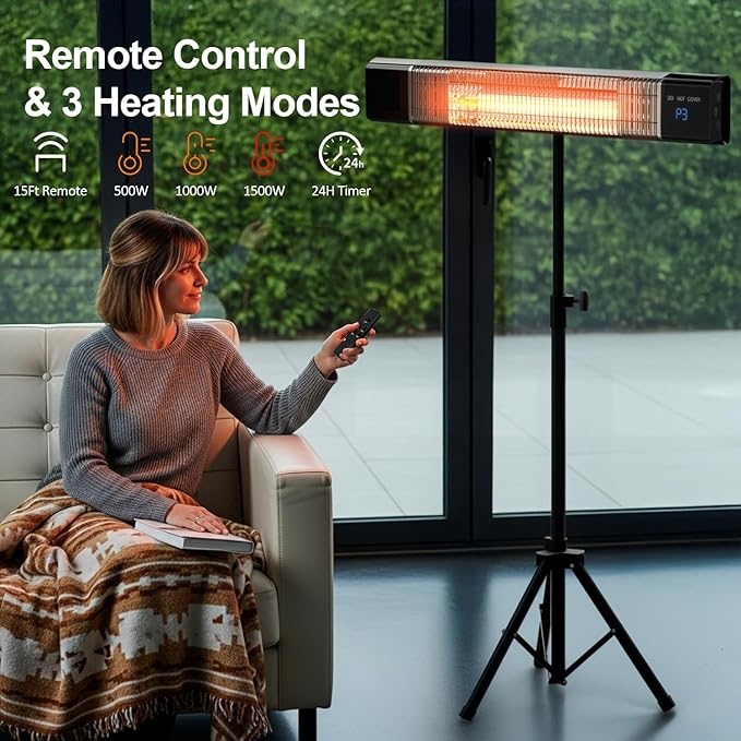 Outdoor Heaters for Patio, Patio Heater with Remote,3 Heat Level&24H Timer, IP65, Overheat Protection, Wall Mount/Tripod, Infrared Electric Patio Heaters for Outdoor Use, Garage, Porch, Indoor
