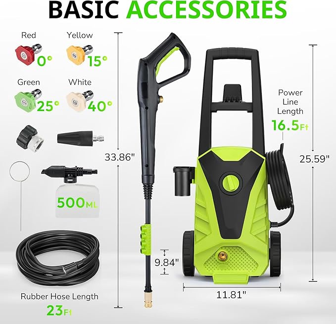 Pressure Washer, 2100PSI Max 2.0GPM Power Washer 16.5FT Power Cord, 23FT Hose&360 Rotation, 4 Nozzles for Driveways Furniture or Cars, Green