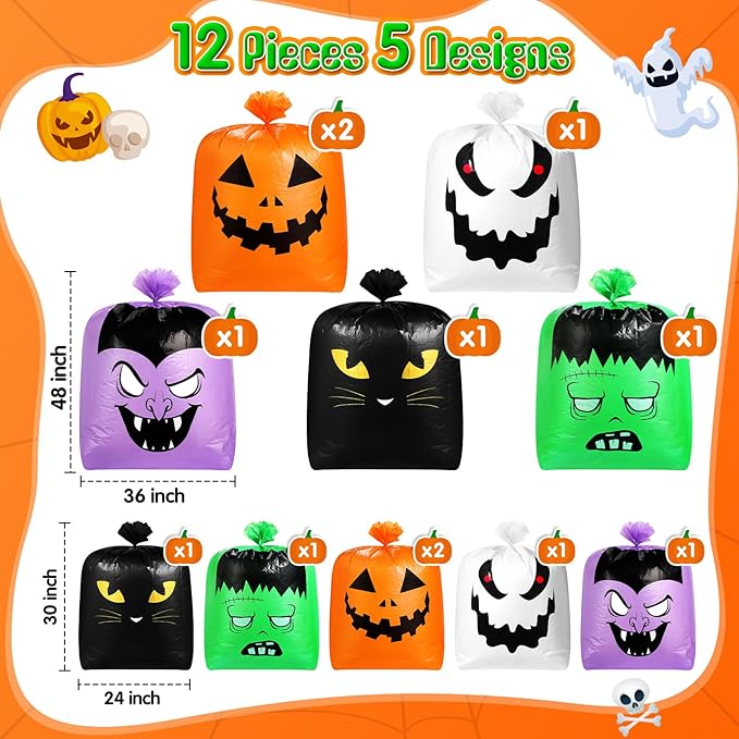 Qilery 12 Pcs Halloween Leaf Lawn Bags Plastic Pumpkin Trash Bags for Leaves with Twist Ties for Halloween Yard Garden Outdoor Party Favors Decorations