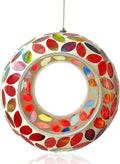 Mosaic Bird Feeder, Outside Hanging with Round Shape Glass BirdFeeders to Attract More Wild Birds, Mosaic Fly Through for Garden, Yard, Backyard, Deck and Porch Decor, Red 7-Inch