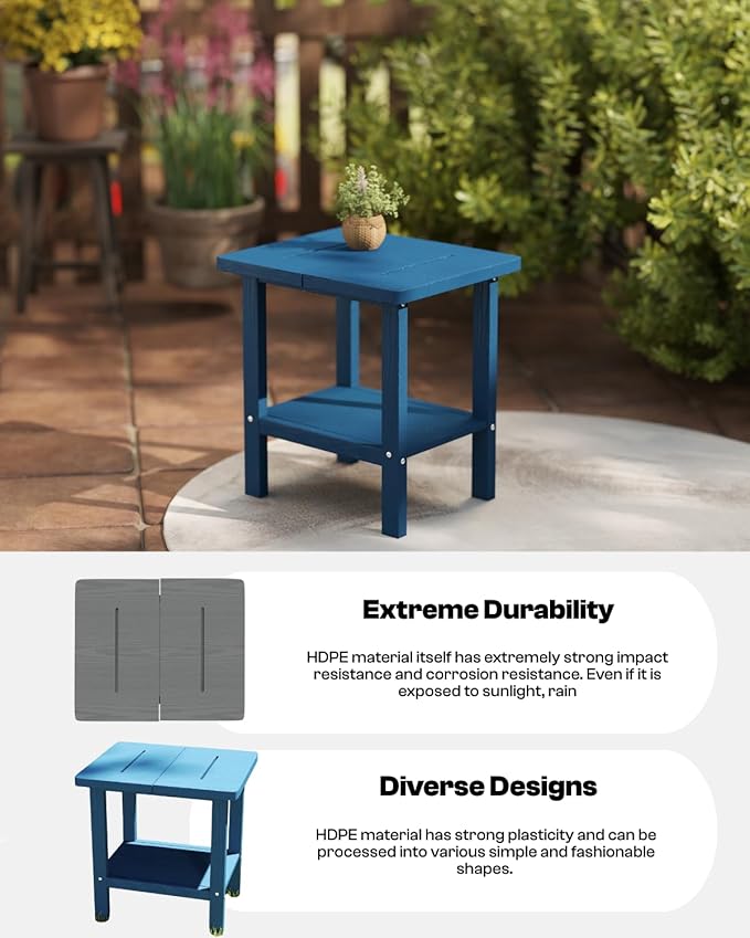 Kingdura Adirondack Outdoor Side Table, 16 x 13 Inches HDPE Plastic Outside End Tables for Patio Pool Porch Backyard Indoor, 2 Tiers Storage Shelf, All Weather Resistant, Easy Maintenance (Navy Blue)