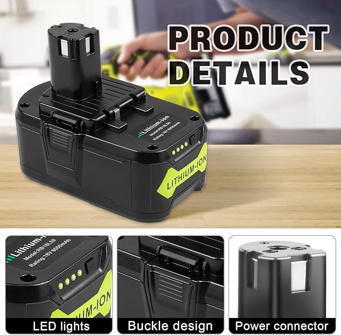 ARyee 2Pack 6.0Ah 18Volt Replacement for Ryobi 18V Lithium Battery ONE+ Plus P108 P102 P103 P104 P105 P107 P109 P122 RB18L50 PBP005 Cordless Power Tools with P117 Battery Charger for Ryobi