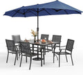PHI VILLA 7 Pieces Patio Dining Set for 6 with 13ft Large Patio Umbrella, Metal Outdoor Stackable Wrought Iron Chair Set of 6 & 60"X38" Metal Dining Table,Market Table Dark Blue Umbrella