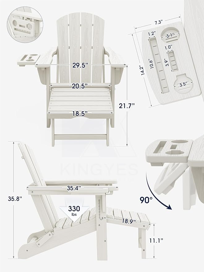 KINGYES Adjustable Folding Adirondack Chair with Footrest & 4-in-1 Multi-Functional Armrest Organizer, HDPE Foldable Reclining Adirondack Chair with Pull-Out Ottoman, White