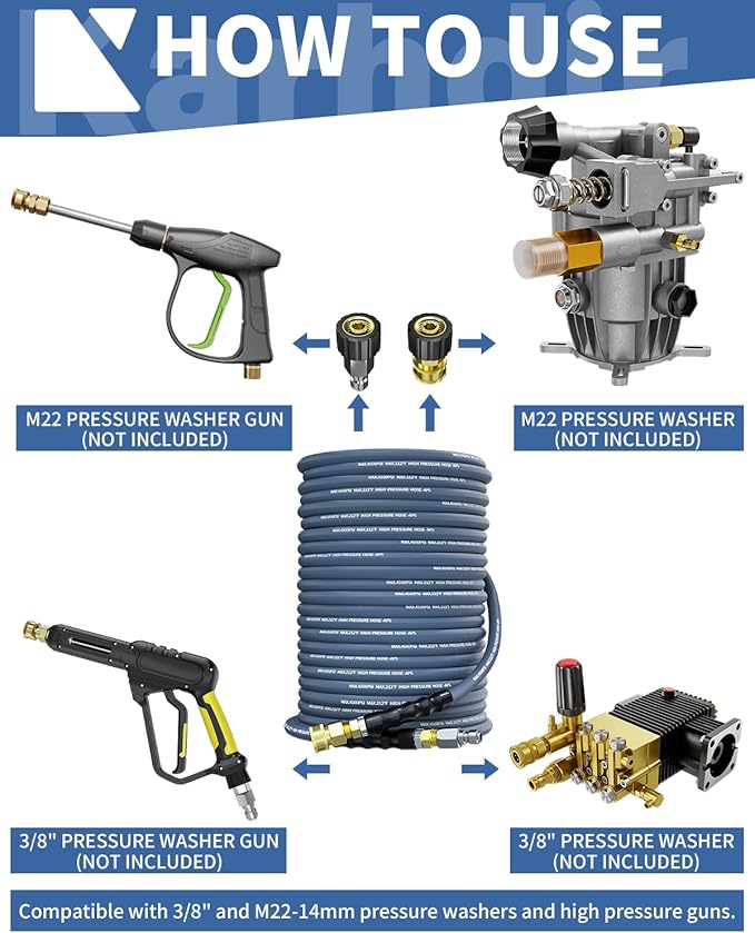 Pressure Washer Hose 50FT 3/8" for Cold and Hot Water 212°F, with Swivel Quick Connect, 4500PSI Kink Resistant Grade Steel Wire Braided, Power Washer Hose With 2pcs M22-14mm Adapter
