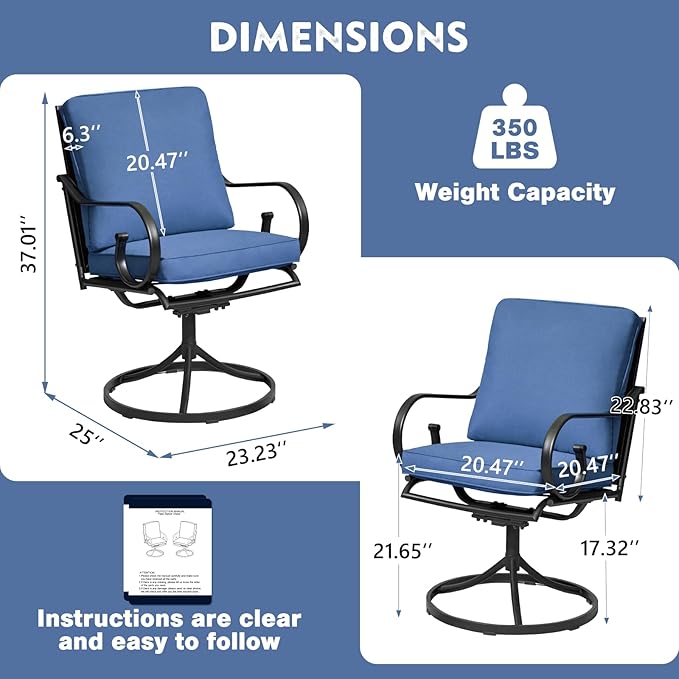 MELLCOM Patio Swivel Chair Set of 8, Heavy Duty Outdoor Dining Chairs with Thickened Cushions, Metal Patio Chairs Gentle Rocker for Outside, Garden Lawn & Porch, Backyard, Blue
