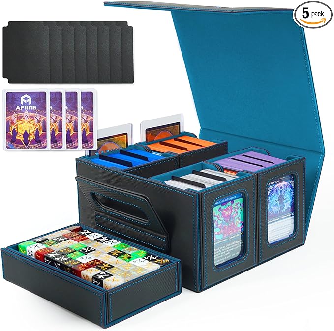 AFIING Commander Deck Box for MTG, Holds 400+ Double-Sleeved Cards, 4 Removable Deck Cases with Display Window, Dice Tray/Handle,Trading Card Storage Organizer/Dividers for TCG (Black Cyan)