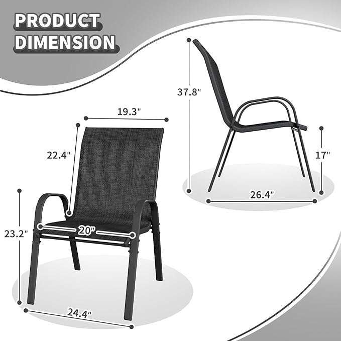 Patio Dining Chairs Set of 2, Outdoor Stackable Chairs, Breathable Seat and Alloy Steel Frame Fit for Backyard,Garden,Porch, Lawn，Poolside (Dark Grey)