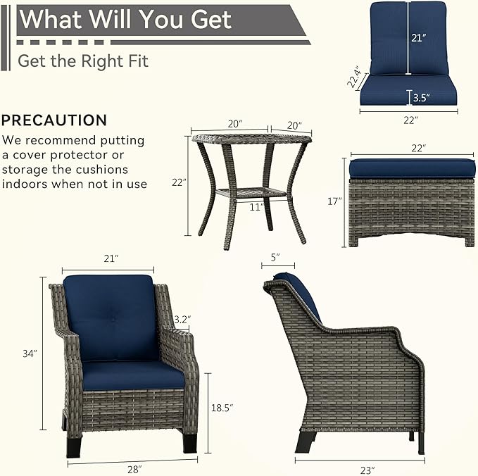 5 Piece Patio Furniture Wicker Conversation Set, 2 Chairs, 2 Ottomans with 1 Side Table, for Outdoors, Backyard, Deck, Navy