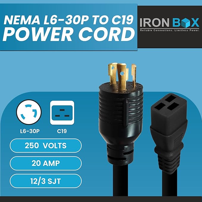 IronBox Electric NEMA L6-30P to C19 Power Cord - 20Amp, 250V, 12/3 SJT - UL Listed Heavy Duty Power Extension Cable for Generator, Data Centers, Outdoor Use, High-Powered Applications & More (15 ft)