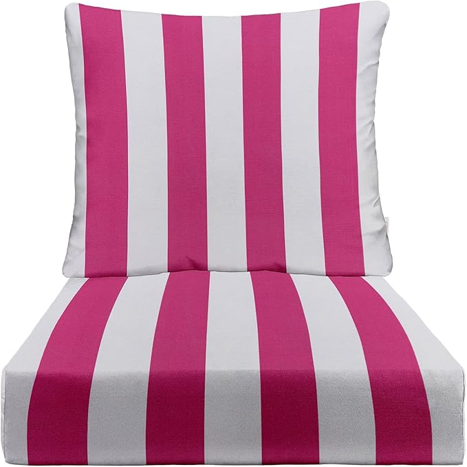 RSH DECOR Deep Seating Cushion with Pillow Back | 24” x 26” x 5" Seat | Water and Fade-Resistant Spun Fabric | Made in USA | Outdoor Chair Cushion Set for Patio Furniture (Pink & White Stripe)