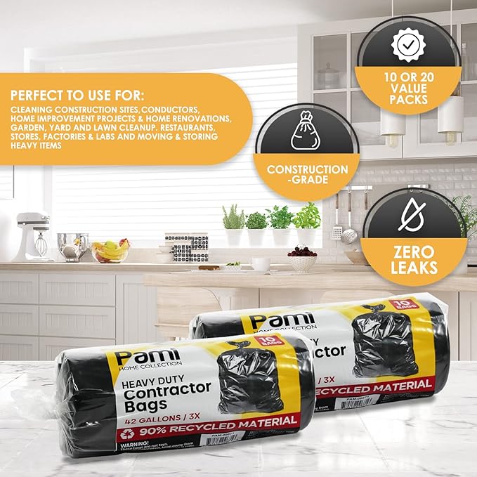 PAMI Heavy Duty 42 Gallon Construction Bags, Tear-Resistant Contractor Garbage Bags for Yard Waste Cleanup (10 Count, Black)