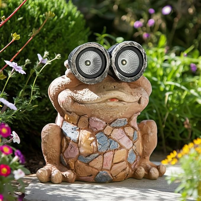 Solar Frog Garden Statue with LED Eyes – Resin & Polyresin Garden Sculpture, Ideal for Outdoor Lawn, Patio or Yard, Statue Home Decor Perfect for Outdoor Spaces – 12", Multi-Color Finish
