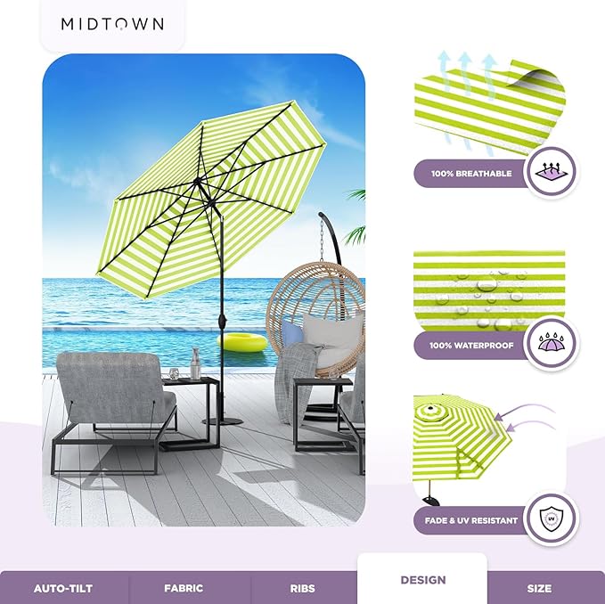Midtown Umbrellas The Lean 10 Feet Outdoor Umbrella With Terylast Pear Stripes (Green/White Stripes) Polyester Fabric - Auto-Tilt Aluminum Frame Patio Umbrella For Deck, Garden, Pool - Black Pole