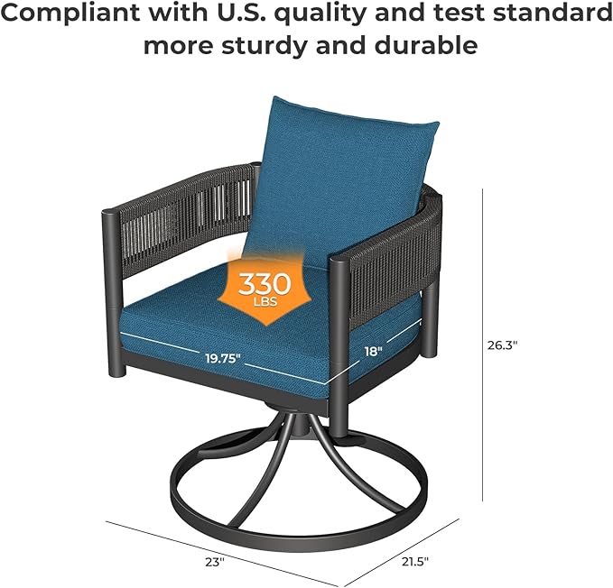 Grand patio Outdoor Dining Chairs Set of 4, 4 Pieces Patio Dining Chairs, Metal Woven Wicker Swivel Patio Chairs with Peacock Blue Cushions for Backyard, Deck, Garden, Porch, Lawn and Poolside (Brown)