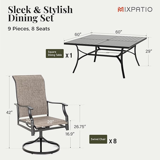 9 Pieces Patio Dining Set, Outdoor Table and Chairs, 8 x Textilene Swivel Dining Chairs and 60" Square Outdoor Dining Table, for Cozy Garden Settings, Grey-Brown