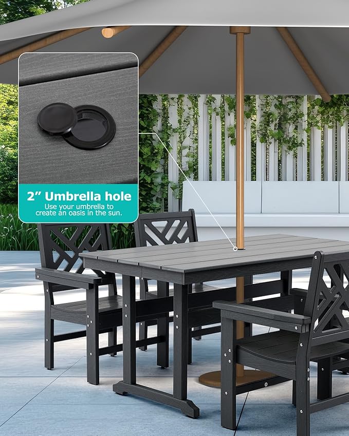 5 Piece HDPE Outdoor Dining Set for 4 Patio Dining Furniture Set with Umberlla Hole, Weather Resistent Outdoor Table and Chairs for Garden, Poolside, Backyard, Deck, Grey