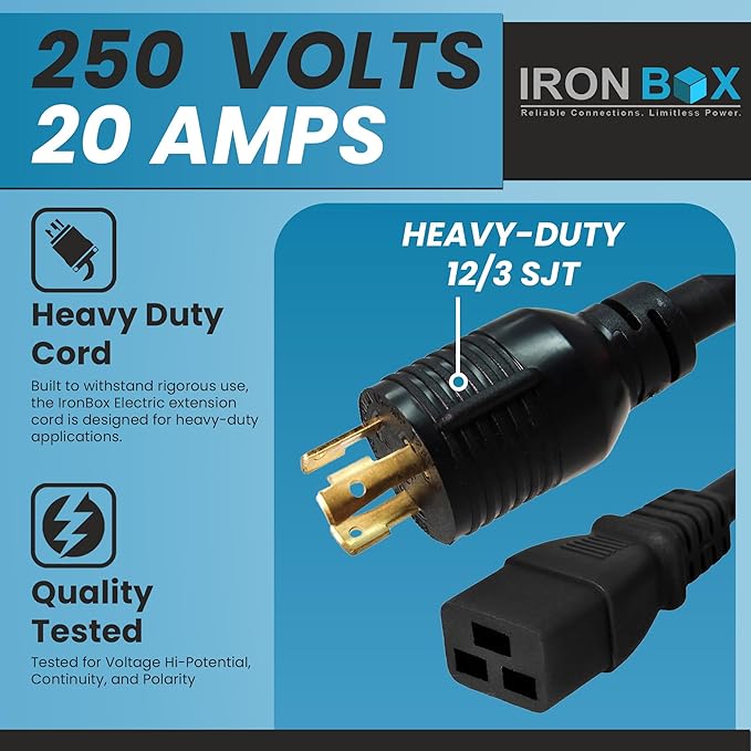 IronBox Electric NEMA L6-30P to C19 Power Cord - 20Amp, 250V, 12/3 SJT - UL Listed Heavy Duty Power Extension Cable for Generator, Data Centers, Outdoor Use, High-Powered Applications & More (12 ft)