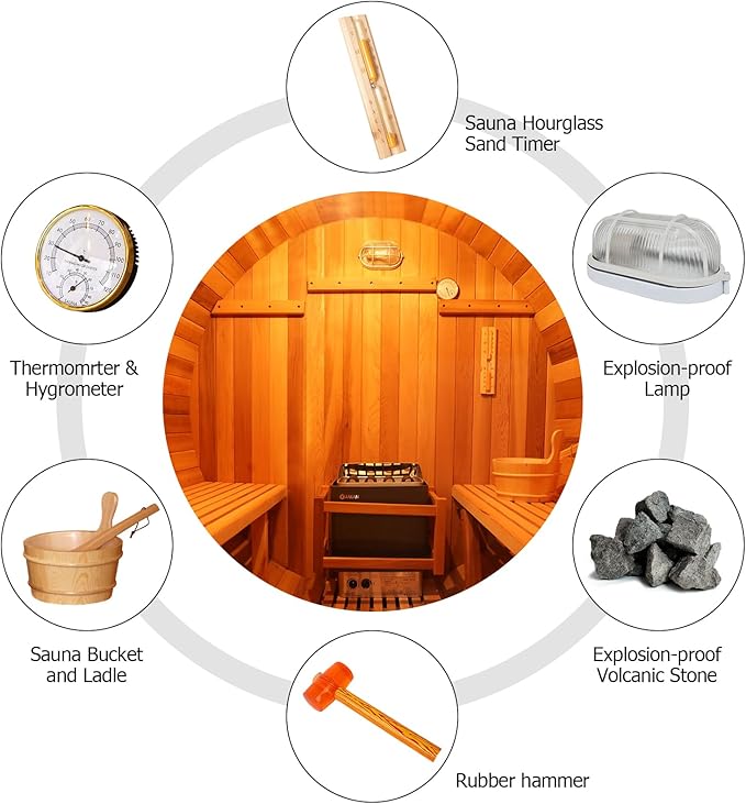 Outdoor Sauna, 6 Person Wood Steam Barrel Sauna Room with 6kw Toule Electric Heater with Stone, Canadian Helmock Wood, Accessories and Asphalt Shingle Roof (Helmock)