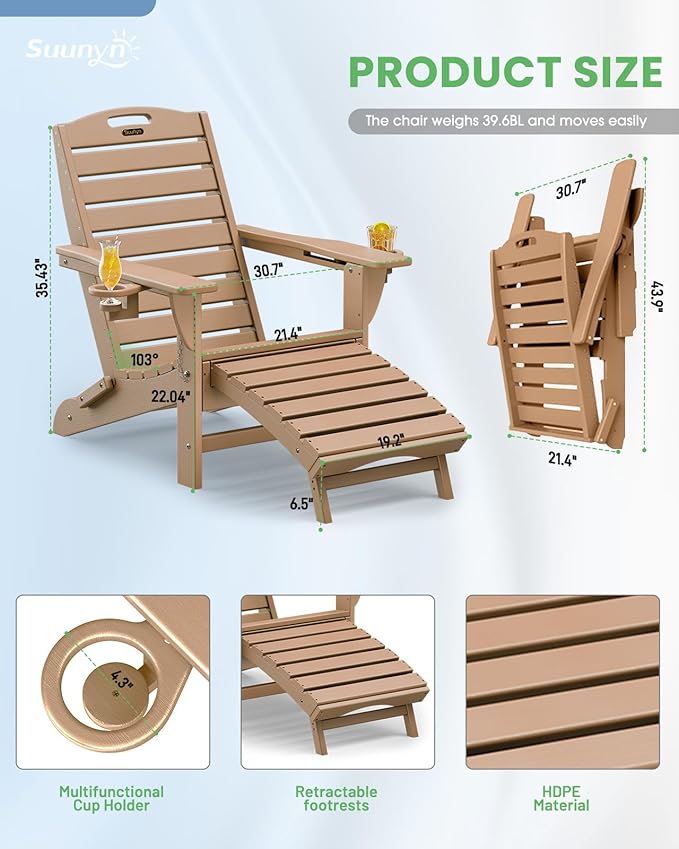Folding Adirondack Chairs Set of 6,Adirondack Chair with Retractable Ottoman,Plastic Adirondack Chairs with 2 Cup Holder,Weather Resistant Patio Chair,Outdoor Chairs Set of 6(Teak)