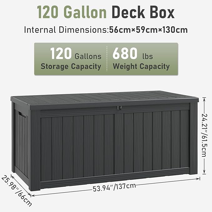 Outdoor Storage Box, Resin Deck Boxes Indoor and outdoor, Waterproof Storage Box Lockable Lid (Black, 120 Gallon)