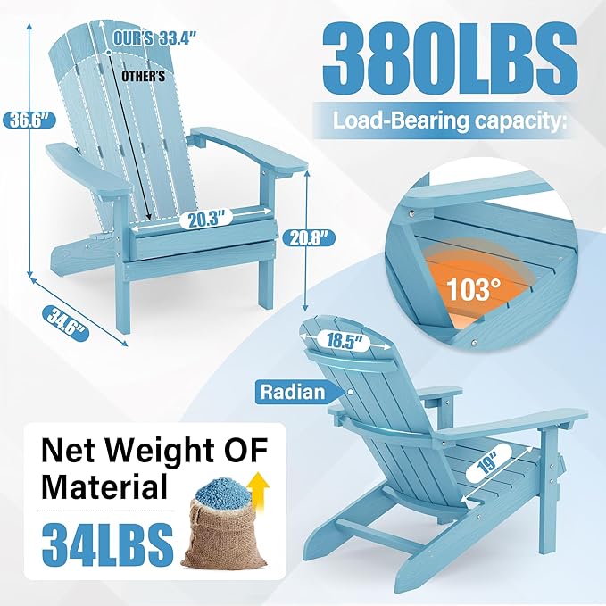 YEFU Adirondack Chairs Set of 6: Outdoor Chair HIPS Plastic Adirondack Chairs - Patio Chairs with Wood Texture - Lawn Fire Pit Deck Porch Garden Chairs for Adults (Blue)