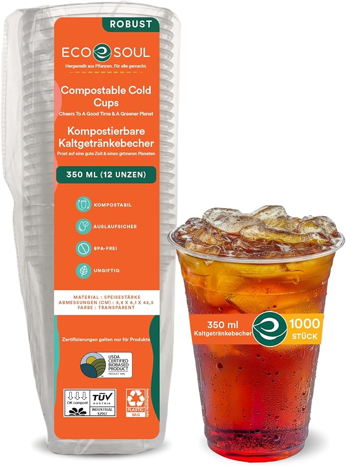 ECO SOUL 100% Clear Compostable Party Cups | (1000 Count, 12 oz) | Disposable | Biodegradable | Plant Based Eco-friendly Alternative to Paper & Plastic Cups | For Weddings & Gatherings