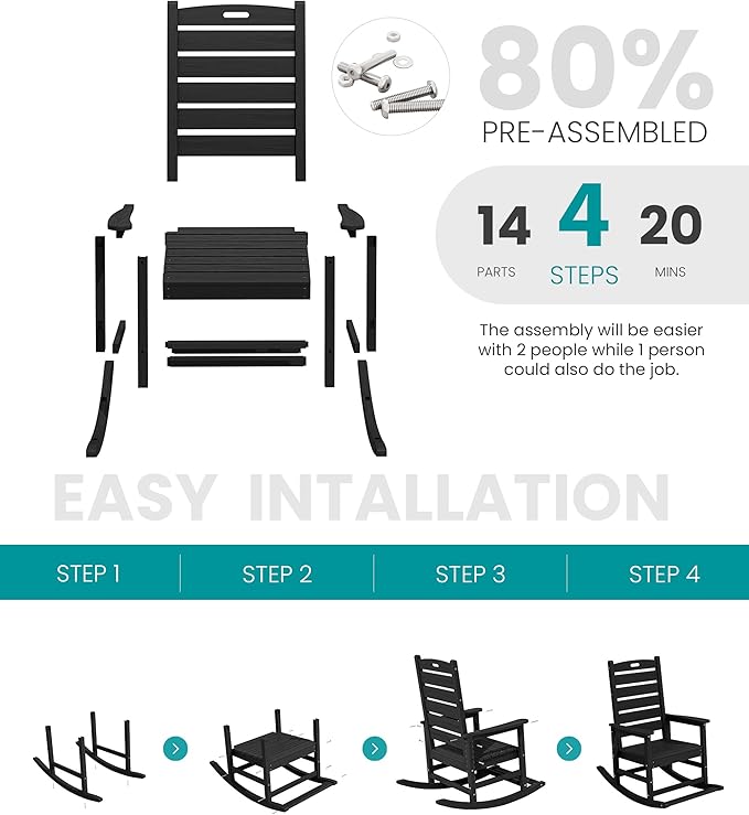 SERWALL Outdoor Rocking Chair Set of 4, Oversized HDPE Patio Rocking Chair with Footrest for Adults, All Weather Porch Rocker for Deck Patio Balcony, Black