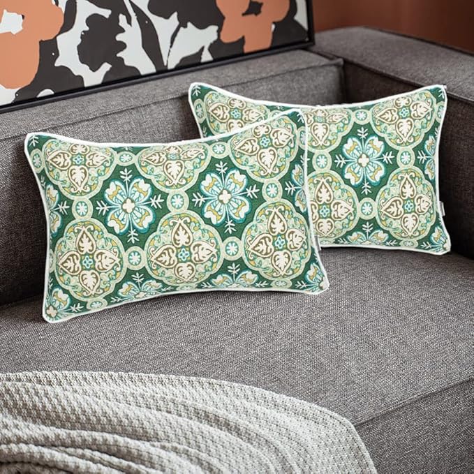 FUNHOME Indoor Outdoor Lumbar Pillow Covers ONLY, No Insert! Water-Repellent Patio Lumbar Cases 12” x 20”, Decorative Throw Pillowcase Shell for Couch Garden Furniture Use -Green Medal