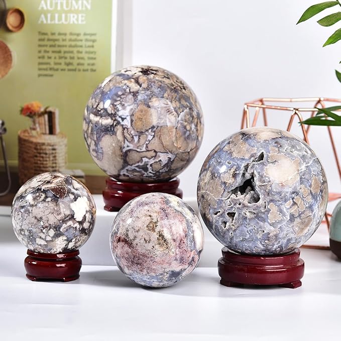 JIC Gem Blue Cherry Blossom Agate Crystal Ball with Stand Healing Crystal Sphere Natural Flower Agate Stone Meditation Home Decor 2.3-2.7 inch (60-70mm)