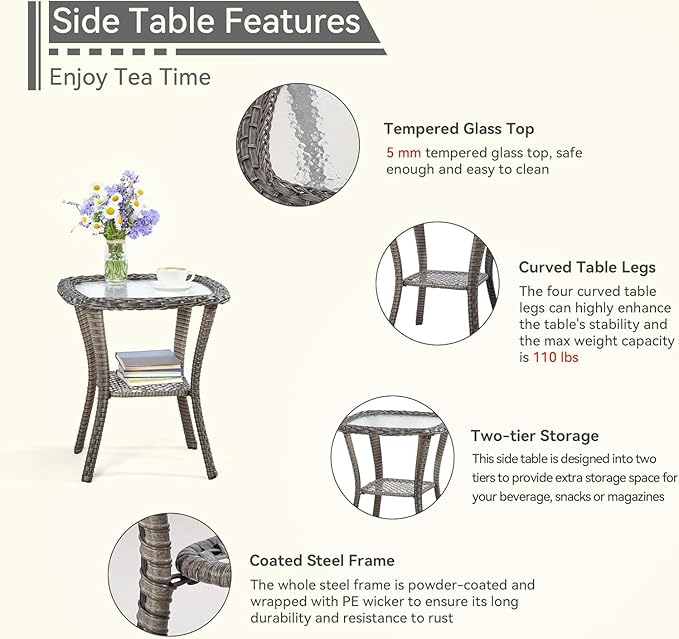 5 Piece Patio Furniture Wicker Conversation Set, 2 Chairs, 2 Ottomans with 1 Side Table, for Outdoors, Backyard, Deck, Navy