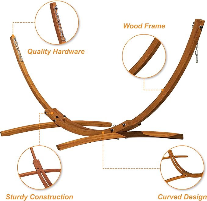 Lazy Daze Hammocks Cotton Fabric Spreader Bar Hammock and 10.5 Ft Wood Arc Hammock Stand Combo, for Indoor, Outdoor, Patio, Garden, Backyard, Khaki and Brown