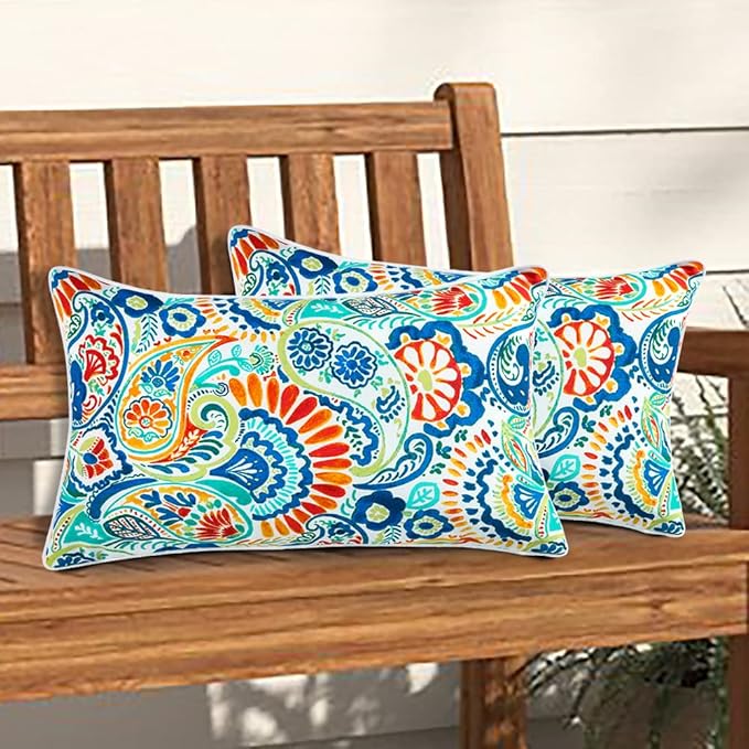 Magpie Fabrics Patio Lumbar Pillow Covers ONLY 20"x12", Set of 2, Outdoor Indoor Cushion Cases Decorative Throw Rectangular Pillowcase Shell for Couch Garden - Paisley Multi